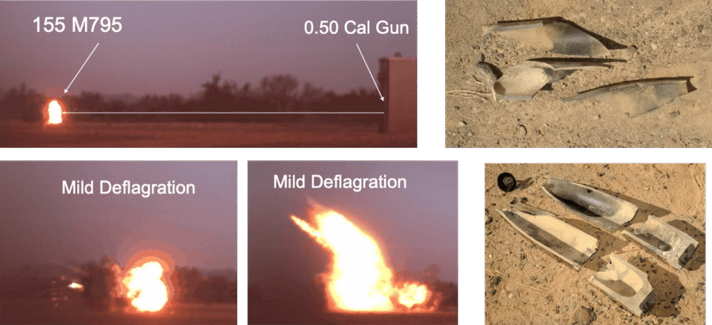 0.50 caliber EOD projectile testing against a 155mm M795 artillery shell at Yuma Proving Grounds showing mild deflagration results and recovered shell fragments during SBIR-funded C-IED research by EMPI.